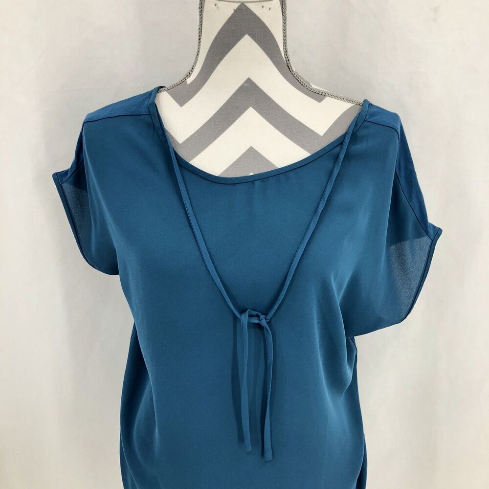 Ann Taylor LOFT Tie Back Mixed Media Top Blue Cap Sleeve Small FFF20